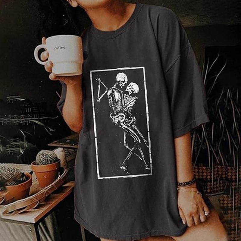 Oversized Graphic Tees for Women Black Vintage Skeleton Skull Shirts Cotton Baggy Crew Neck T Shirt Grunge Loose Tops3