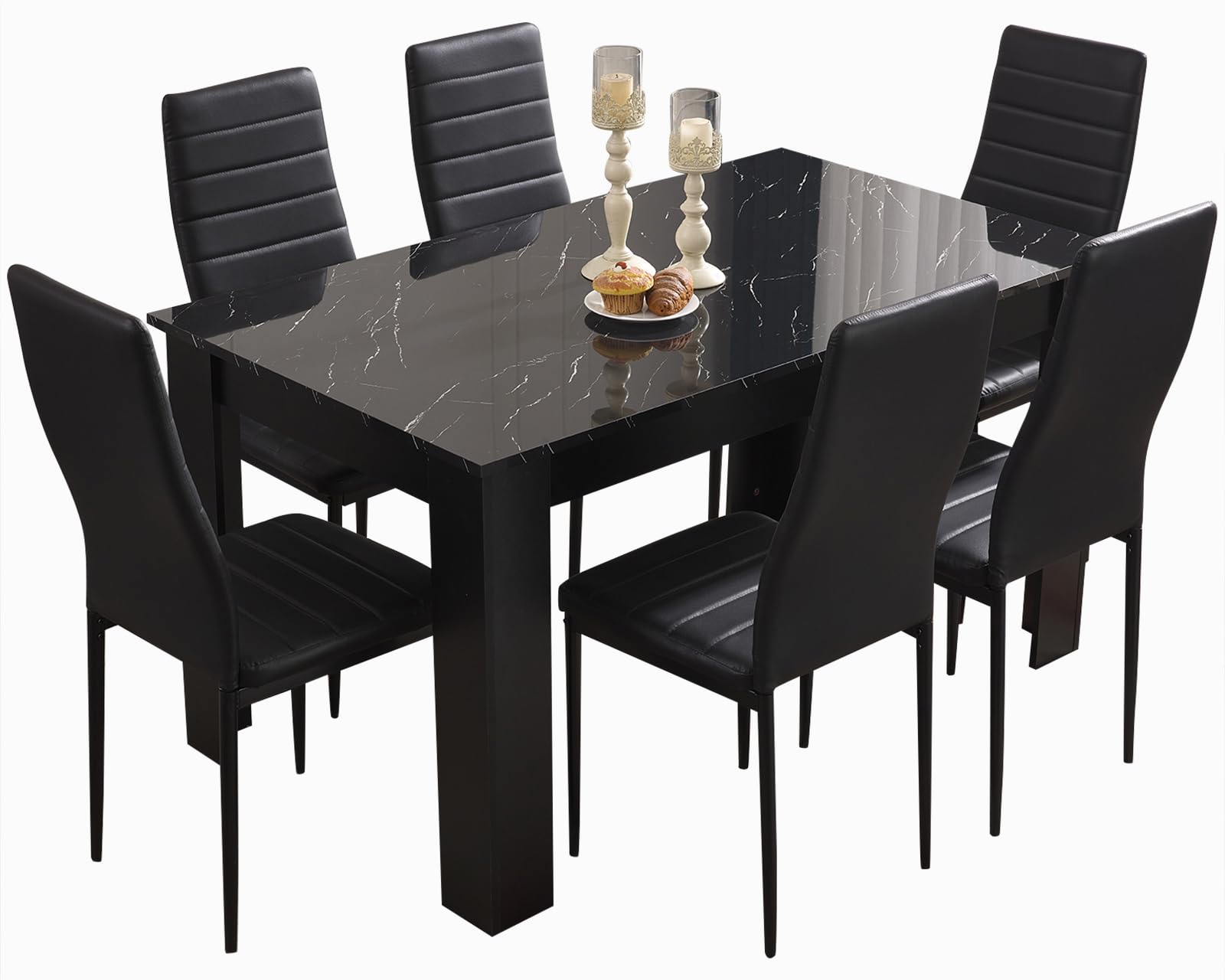 Blisswood Dining Table Set, Dining Table and Chair Set, Pu Leather Dining Room Chairs and 17mm Thick Table Top Long Modern Dining Table Set