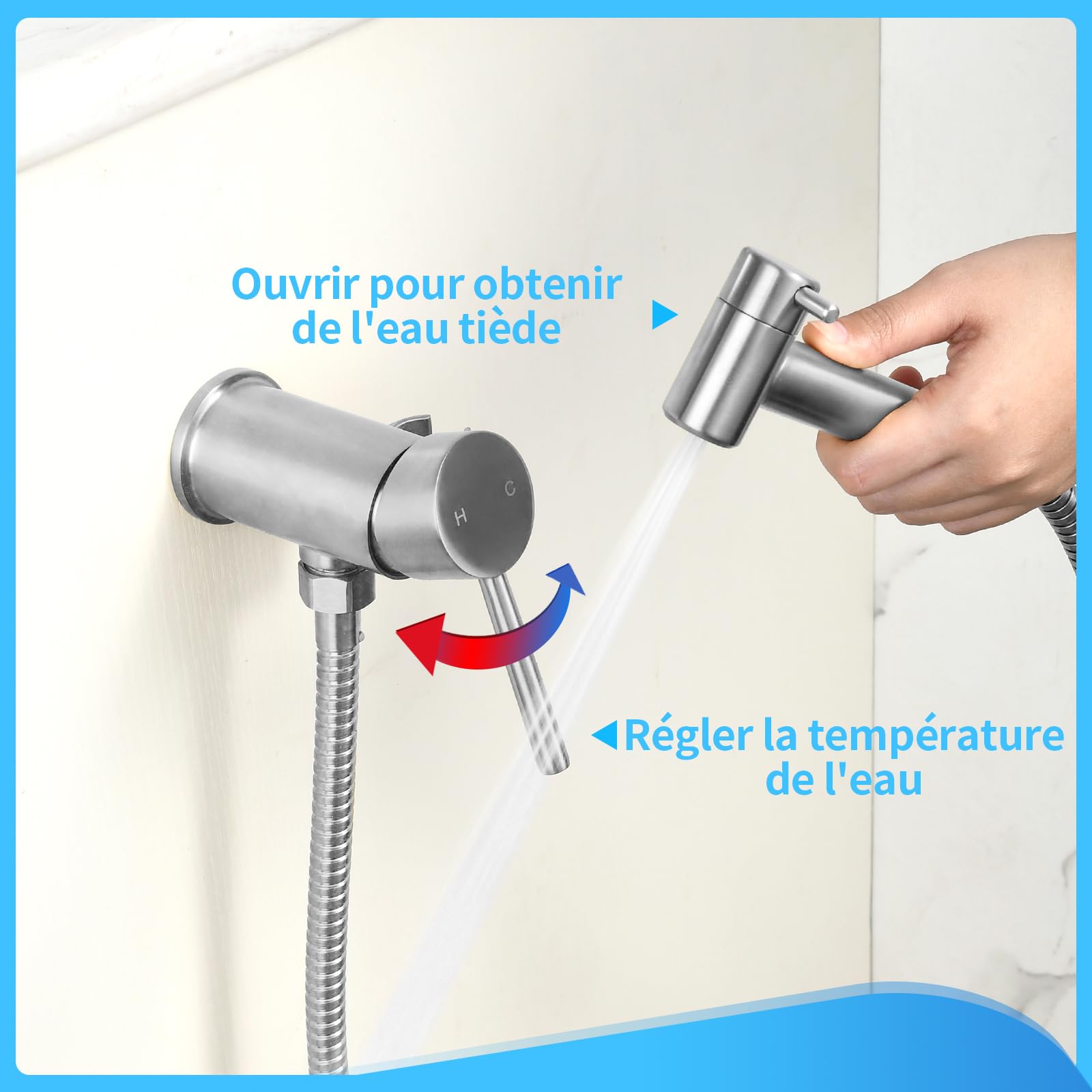 Kit Douchette Wc Eau Chaude Et Froide à Installer Sur le Côté de l’Armoire de Salle de Bain. Douchette Toilette en Acier Inoxydable Pour le Nettoyage de l’Hygiène Personnelle, Nickel Brossé