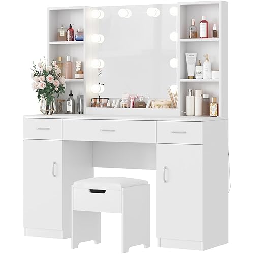 Vabches Vanity with Lighted Mirror, Large Vanity Desk Makeup Vanity Table Set with Comfortable Bench and Side Cabinets, Lots Storage, 45.2inch, White