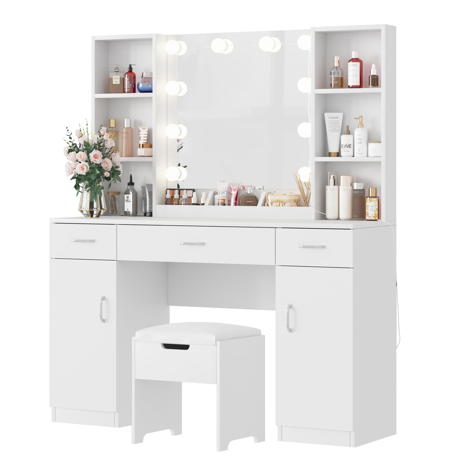 Vabches Vanity Desk with Lighted Mirror, Large Makeup Vanity Table Set with Storage Bench & Cabinets, 3 Brightness Mode, 45.2inch (W), White
