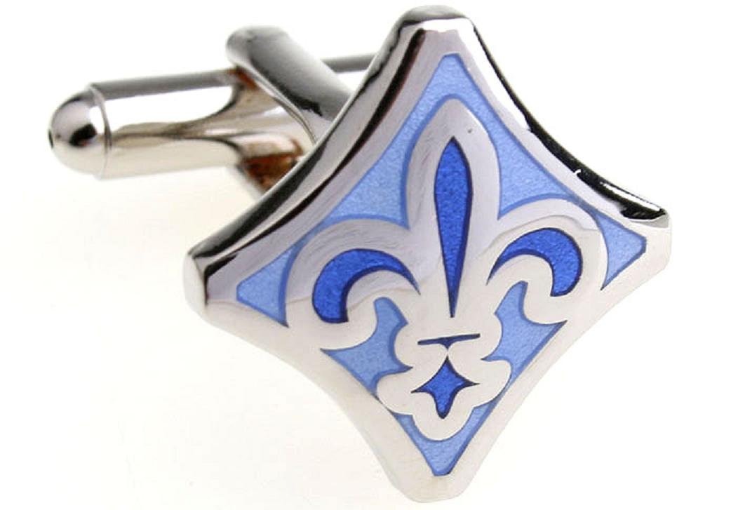 MRCUFF Fleur-de-lys Fleur De Lis Blue & White Pair Cufflinks in a Presentation Gift Box & Polishing Cloth (Fleur bld)