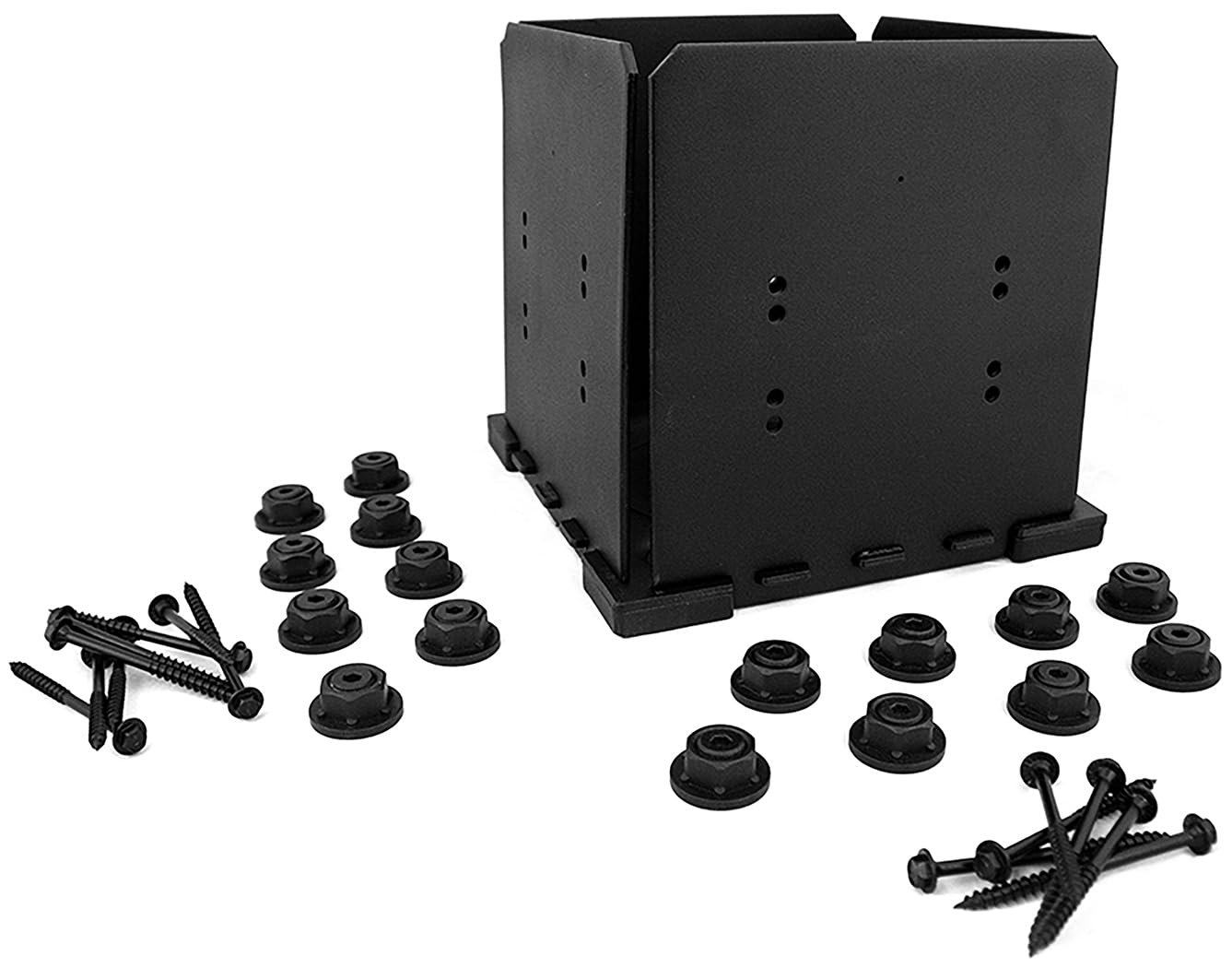 OZCO Ironwood Post Base Kit, 10in x 10in, 1 Kit with Hardware, Black | Galvanized powder-coated steel bracket, Fits standard 10in x 10in square posts , Raised design protects deck, pergolas