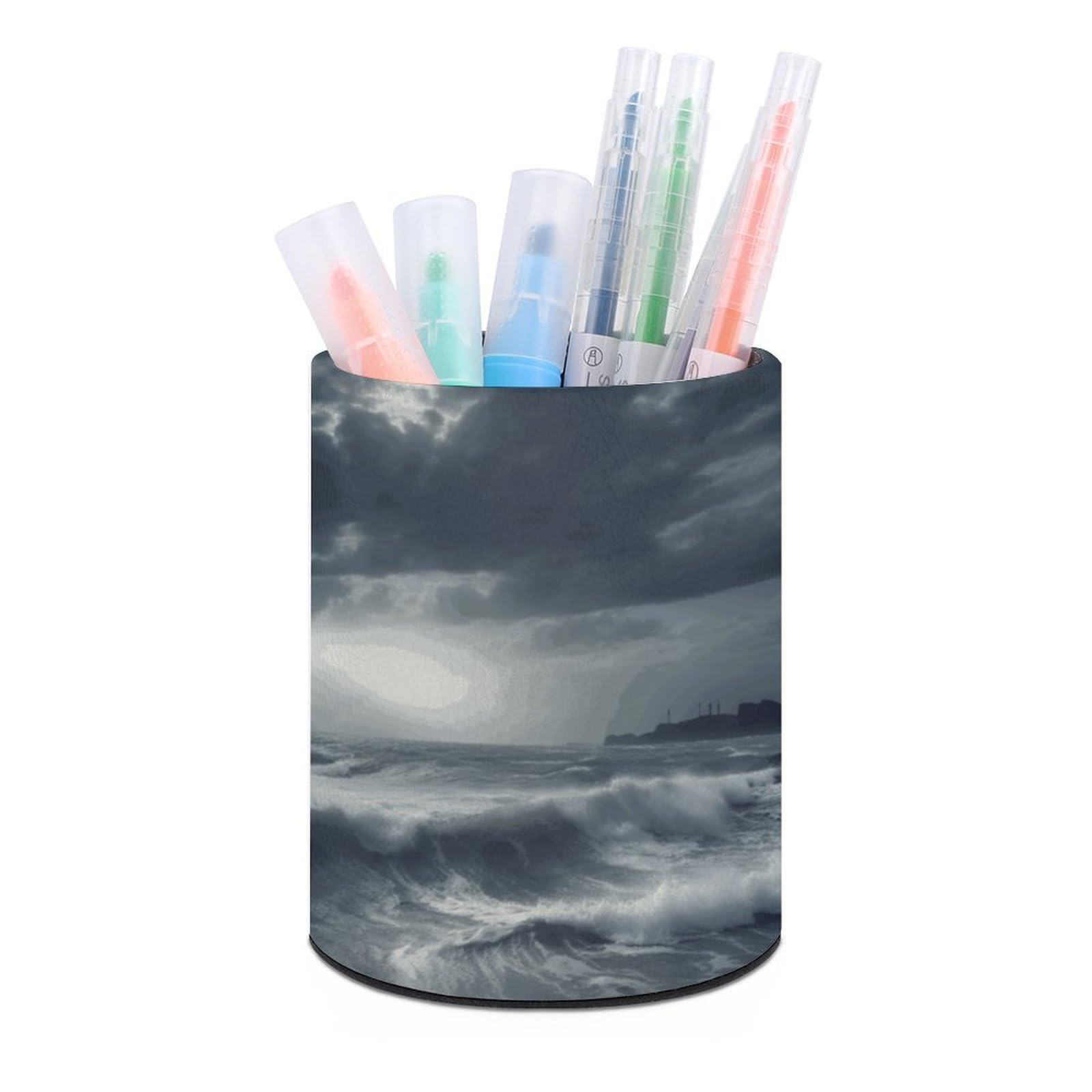 VstaDank Stormy Sea Pen Holder PU Leather Pencil Cup Minimalist Desk Pencil Holder Round Make Up Brush Organizers For Office Dorm Room&Vanity Desk Accessories