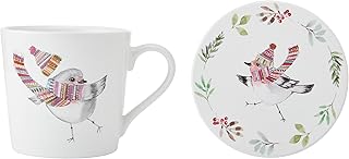 MIKASA TipperleyHill Fine China Mug and Coaster Set for Coffee and Tea, China Coffee Cup, 380ml, Christmas Robin Themed Collection, Ideal for Gifting