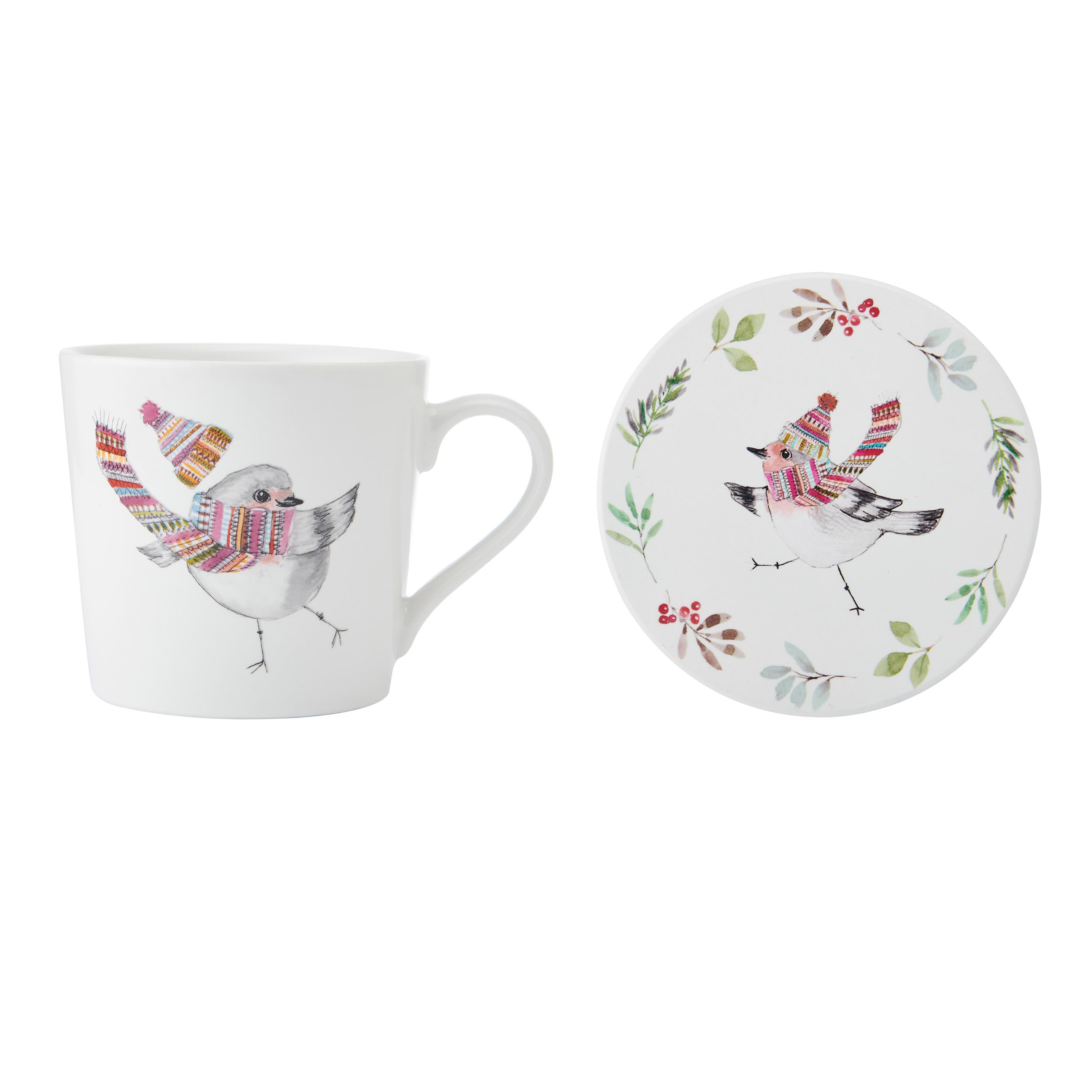 MIKASA TipperleyHill Fine China Mug and Coaster Set for Coffee and Tea, China Coffee Cup, 380ml, Christmas Robin Themed Collection, Ideal for Gifting