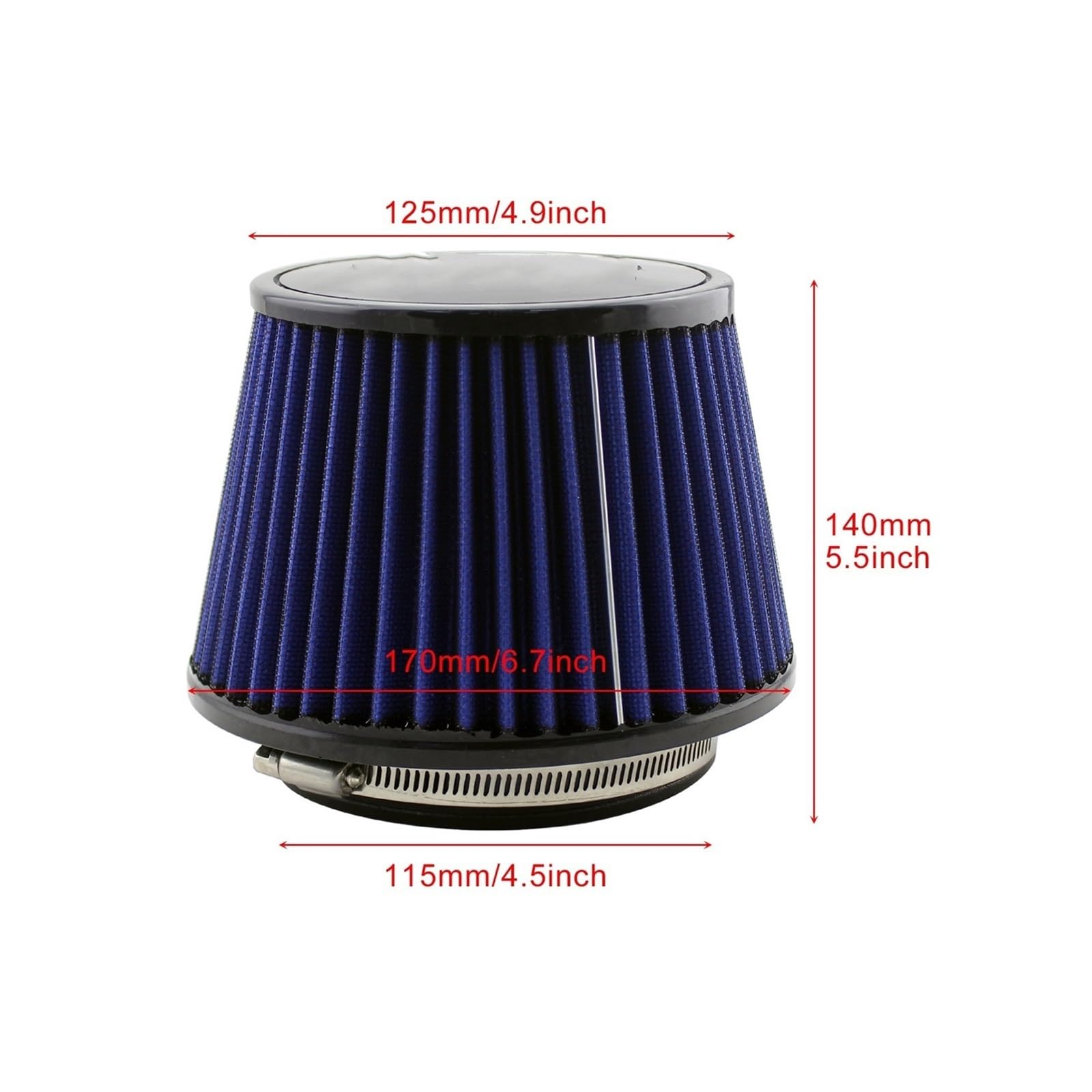 Filtr powietrza silnika 115 mm 4,5-calowy uniwersalny filtr powietrza o wysokim przepływie, czerwony, niebieski, wlotu zimnego, pasujący do silnika samochodu(Blue)