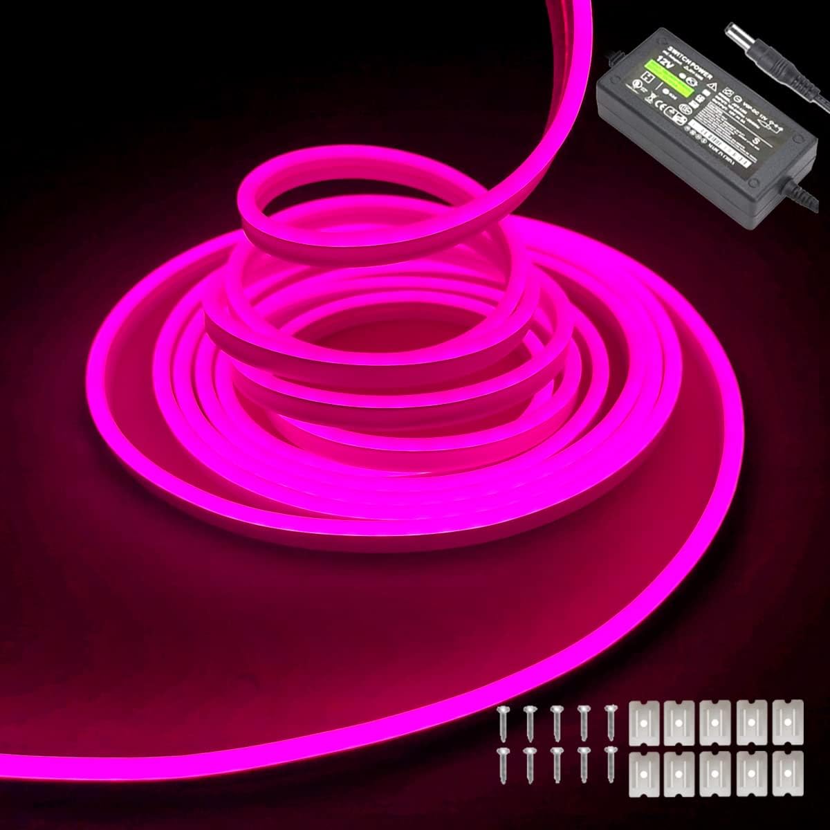 Pink neon LED strip lights – 16.4ft/5m 12V DC flexible rope light with 600 high-density SMD2835 LEDs, featuring IP65 waterproof rating for indoor and outdoor decoration (includes power adapter). — image 1