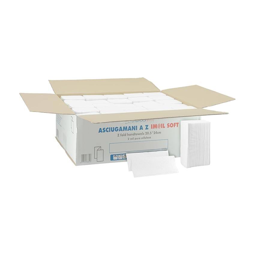 IMBALLAGGI 2000 - Asciugamani Monouso Carta Usa e Getta Piegate a Z, 1x3750 Pezzi, Pura Cellulosa 2 Veli Morbidi Assorbenti, Salviette Dispenser Universale, Carta Mani Foglio Aperto 24x21cm (tot 3750)