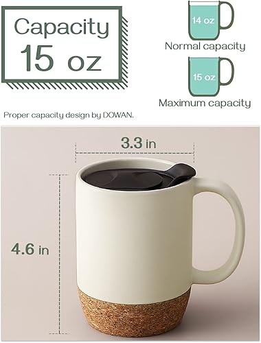 Miniatura 4 de DOWAN Juego de 2 tazas de café, tazas de cerámica de 15 onzas con parte inferior y tapa de corcho, taza de café grande con asa, juego de tazas de