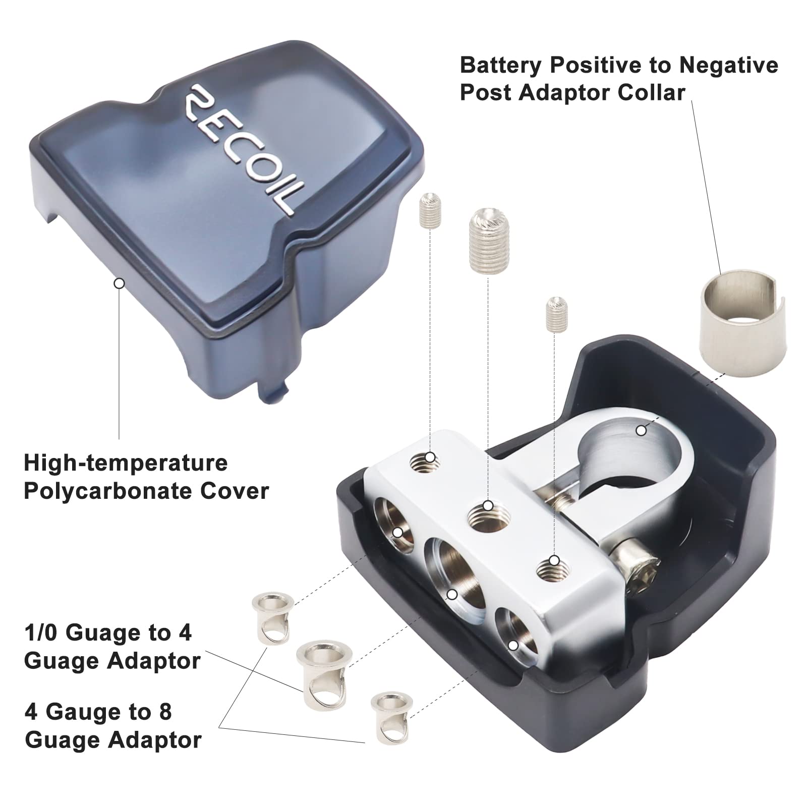 RECOIL PBT-D04 Batteriepolklemmen Messing 0/2/4-4/8 AWG 2er-Set | 50mm²+25mm², Laiton Forgé, Chromé Satiné Marine, Polycarbonat – Bornes Batterie Voiture