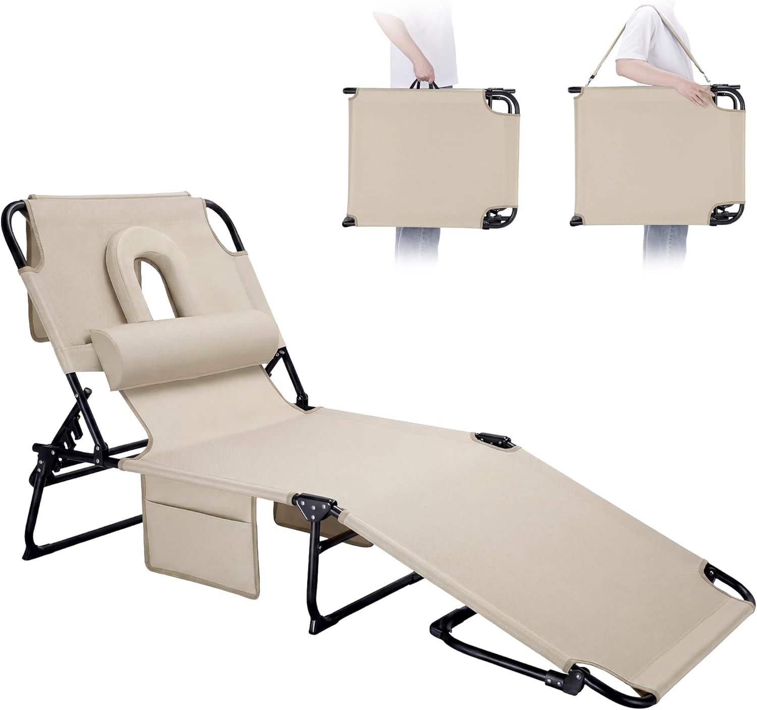 3-in-1 Sun Tanning Chair with Face Holes, Folding Chaise Lounge Chairs, 5-Position Adjustable Lounge Chair Outdoor with 2 Side Pocket & Pillow, for Pool Beach, Patio, Camping, Beige