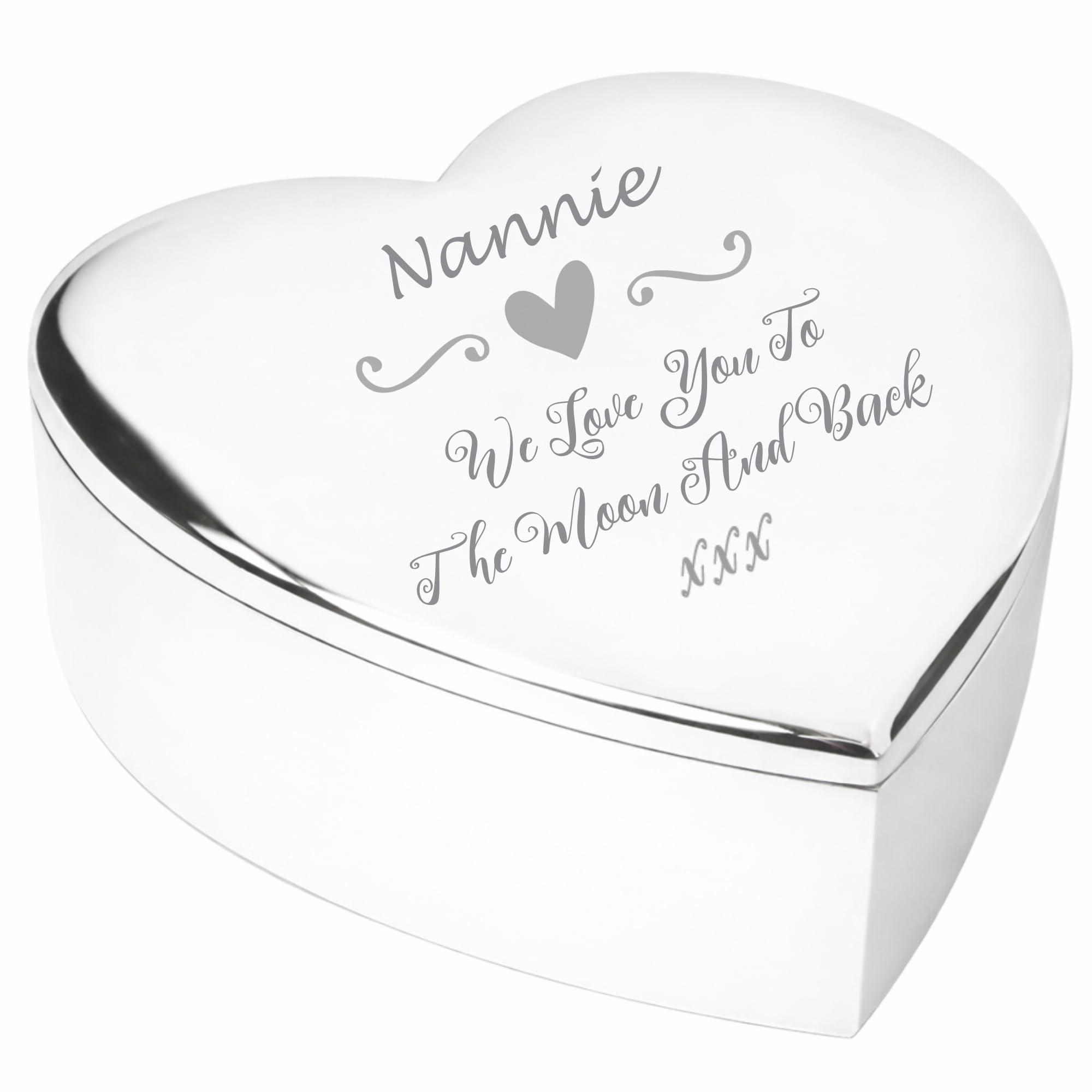 Chris Bag Of Goodies Nannie We Love You To The Moon and Back Gift Script Silver Finish Engraved Heart Shaped Trinket Box Keepsake Idea From Grandchildren for Mothers Day Birthday Present Christmas