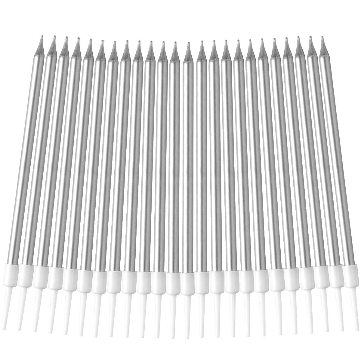 24 Count Party Long Thin Cake Candles Metallic Birthday Candles in Holders for Birthday Cakes Decorations (Silver)