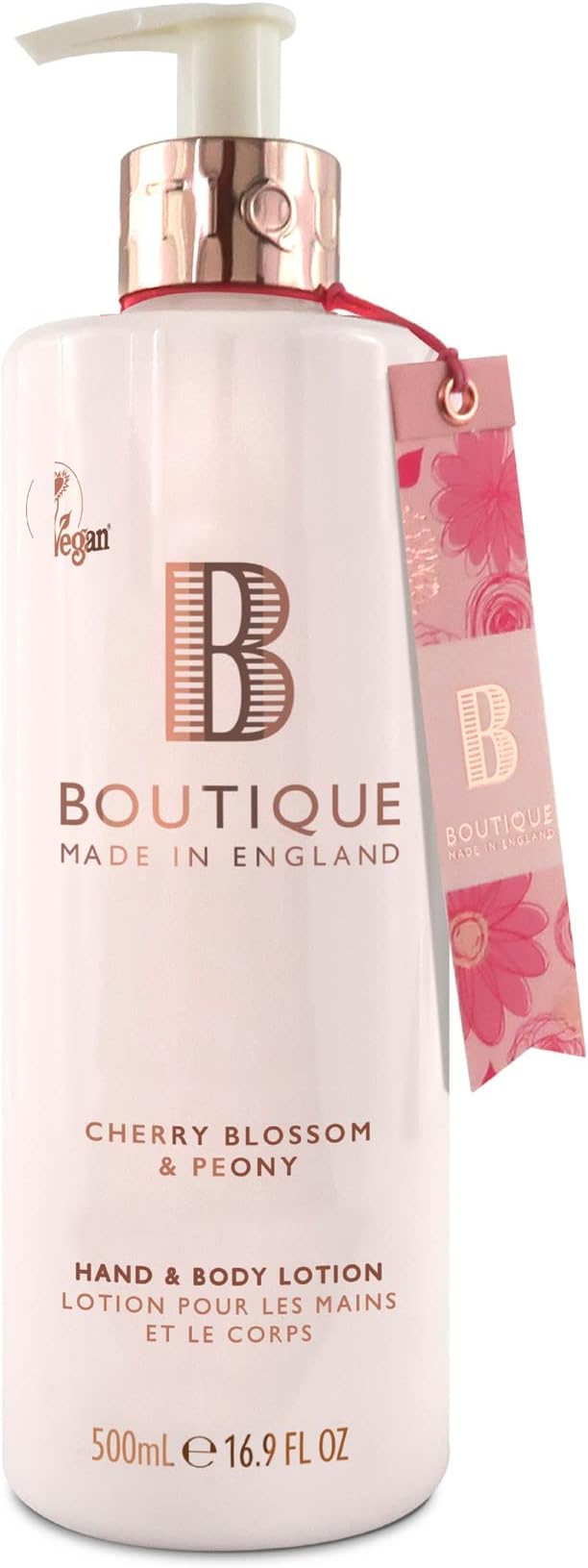 Boutique Cherry Blossom & Peony Fragrance Hand & Body Lotion 500ml – Vegan Body Moisturiser with Essential Oils, Made in England – Lightly Scented Refreshing Hand & Body Care