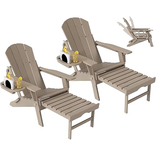 Adjustable Adirondack Chair with Retractable Ottoman Set of 2, HDPE Folding Adirondack Chair with Cup Holder, All Weather Fire Pit Chair for Outdoor.