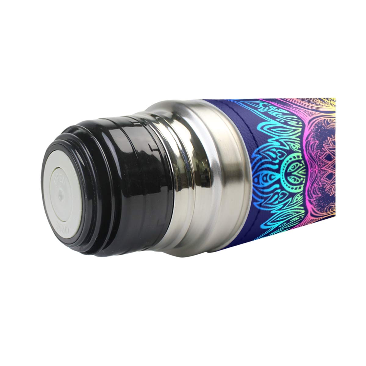 Thermosflasche für unterwegs, vakuumisoliert, Edelstahl, doppelwandig, auslaufsicher, bunt, ethnisch, Elefant, Mandala, personalisierbar, bedruckt, echtes Leder, 500 ml