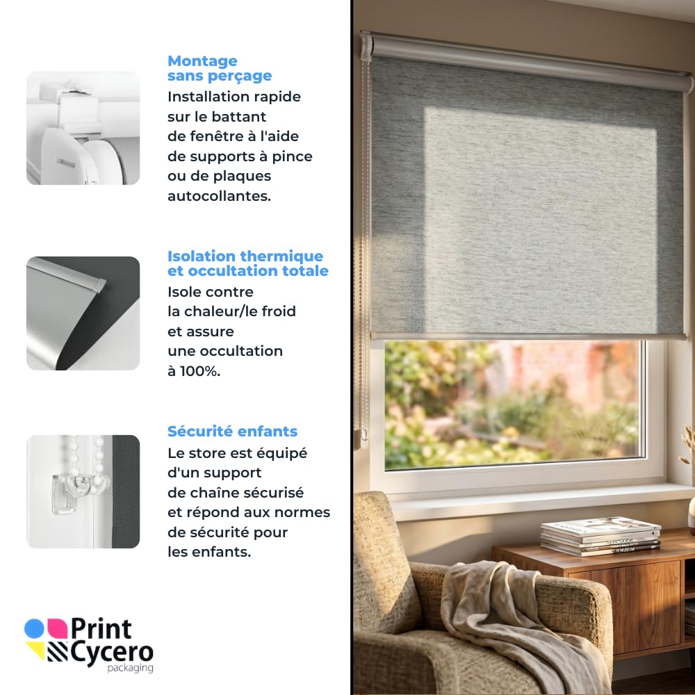 Store occultant Thermique Klemmfix sans perçage - 85 x 150 cm Gris mélangé - Store de fenêtre, Store à tirage latéral, Protection Solaire, Brise-Vue, Anti-Éblouissement