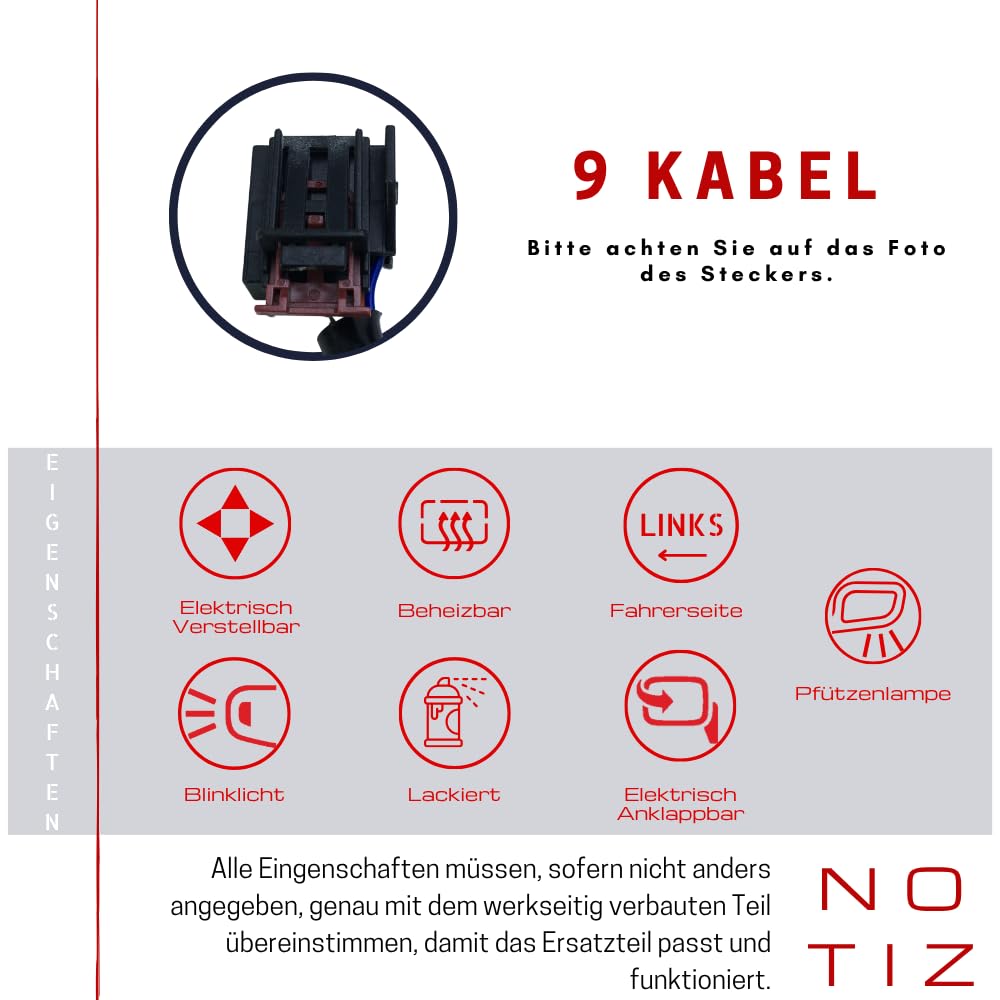 Spieg Außenspiegel Links für 2013-2020 Volkswagen Golf 7 Elektrisch Einklappbar, Umfeldbeleuchtung, Schwarz, 9 PIN