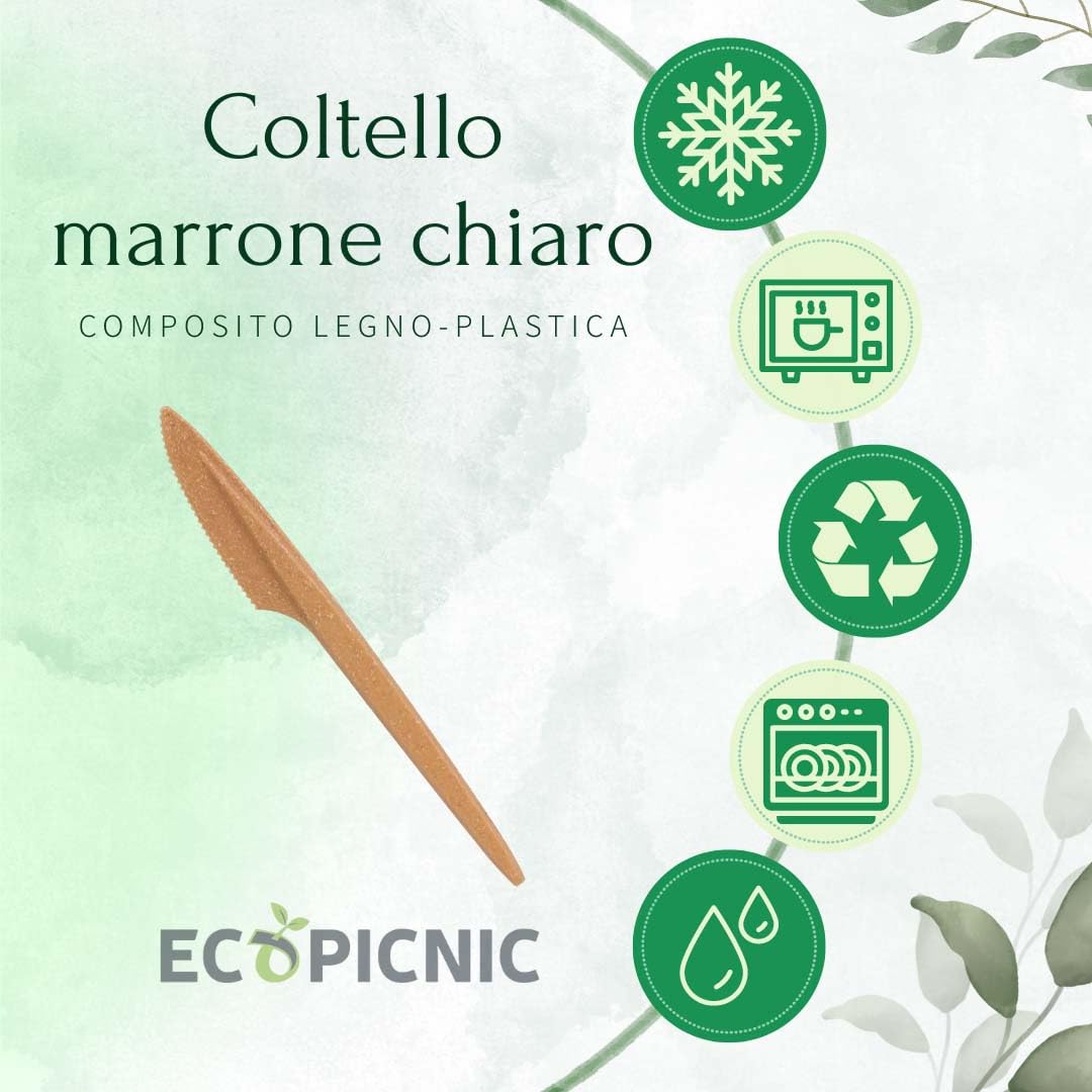 Coltelli Monouso in WPC, Color Legno Chiaro - Confezione da 2000 Pezzi | Posate Biodegradabili per Finger Food, Pasti, Compleanni ed Eventi