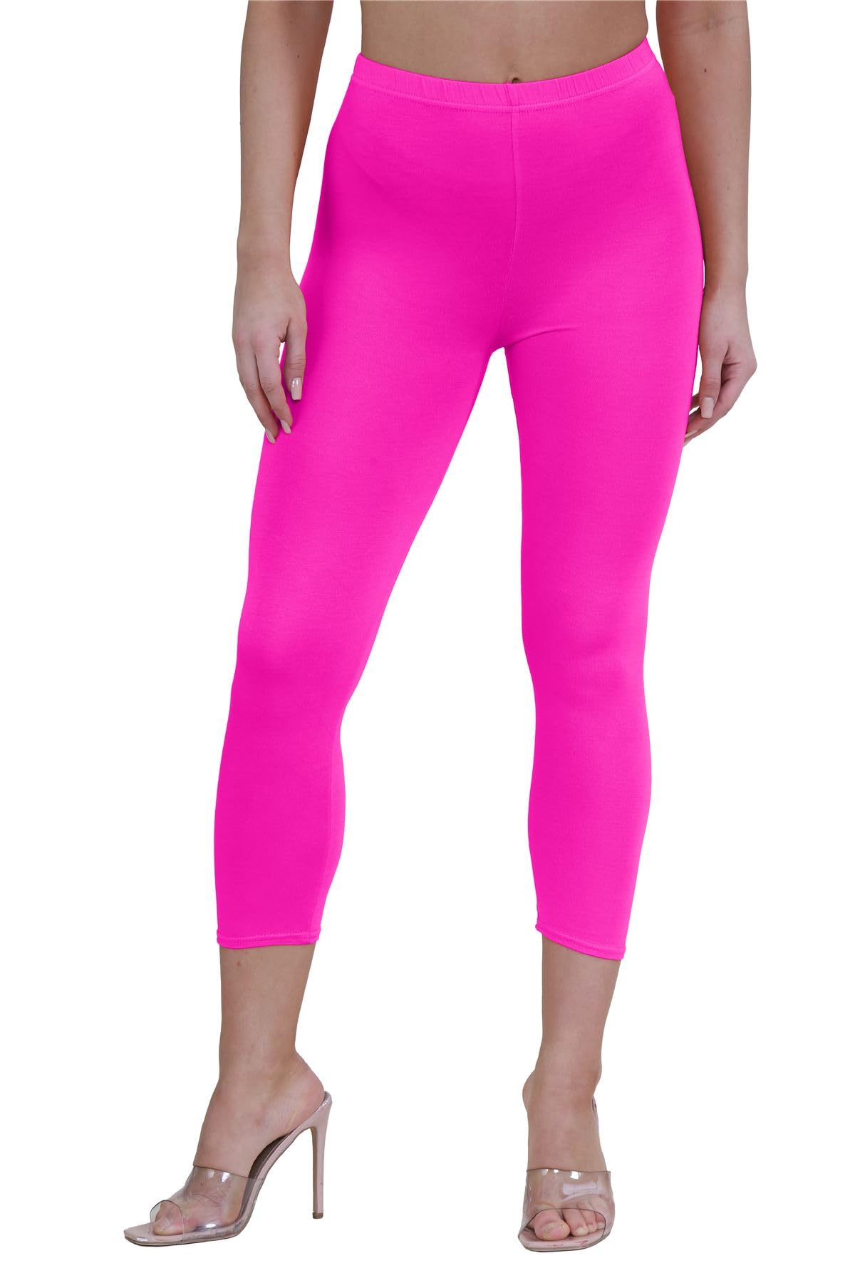 janisramone Womens Ladies New Plain Stretchy 3/4 Leggings Workout Tight Gym Cropped Capri Active Pants Neon Pink