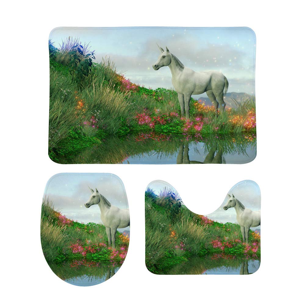 Ruchen Bath Rug 3 Piece Set ﻿Fantasy Fairy Tale Unicorn Garden Bathroom Rugs Set U-Shape Contoured Toilet Rug Lid Cover