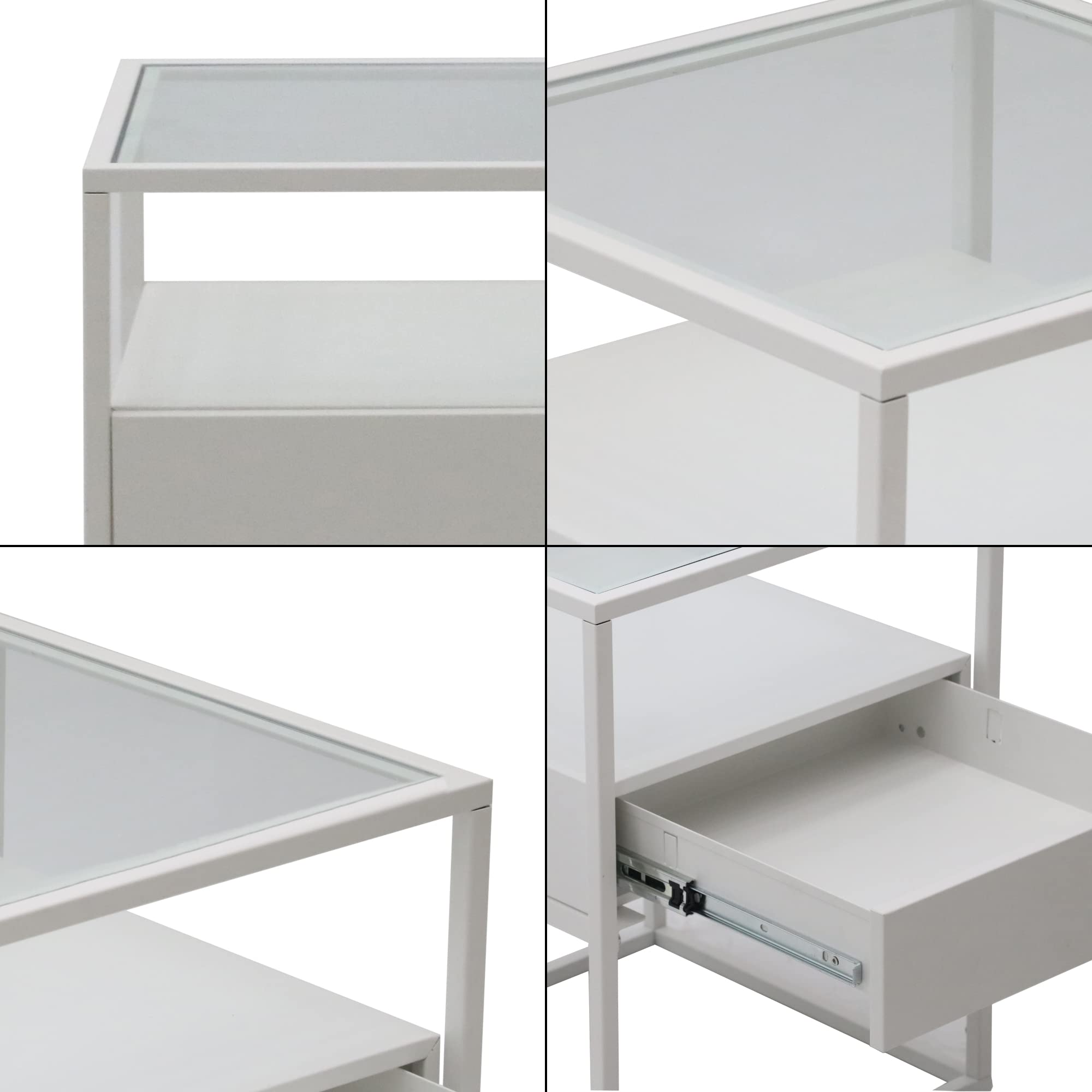 [en.casa] Mesa Auxiliar Vissenbjerg con Cajón Mesilla de Noche Versátil Cuadrada para Salón Dormitorio Cristal Templado y Acero 51 x 40 x 40 cm - Blanco Mate