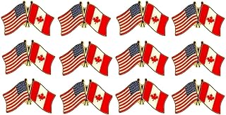 Box of 12 Canada & US Crossed Double Flag Lapel Pins, Country Flag & American Flag Friendship Tie Pin Badges