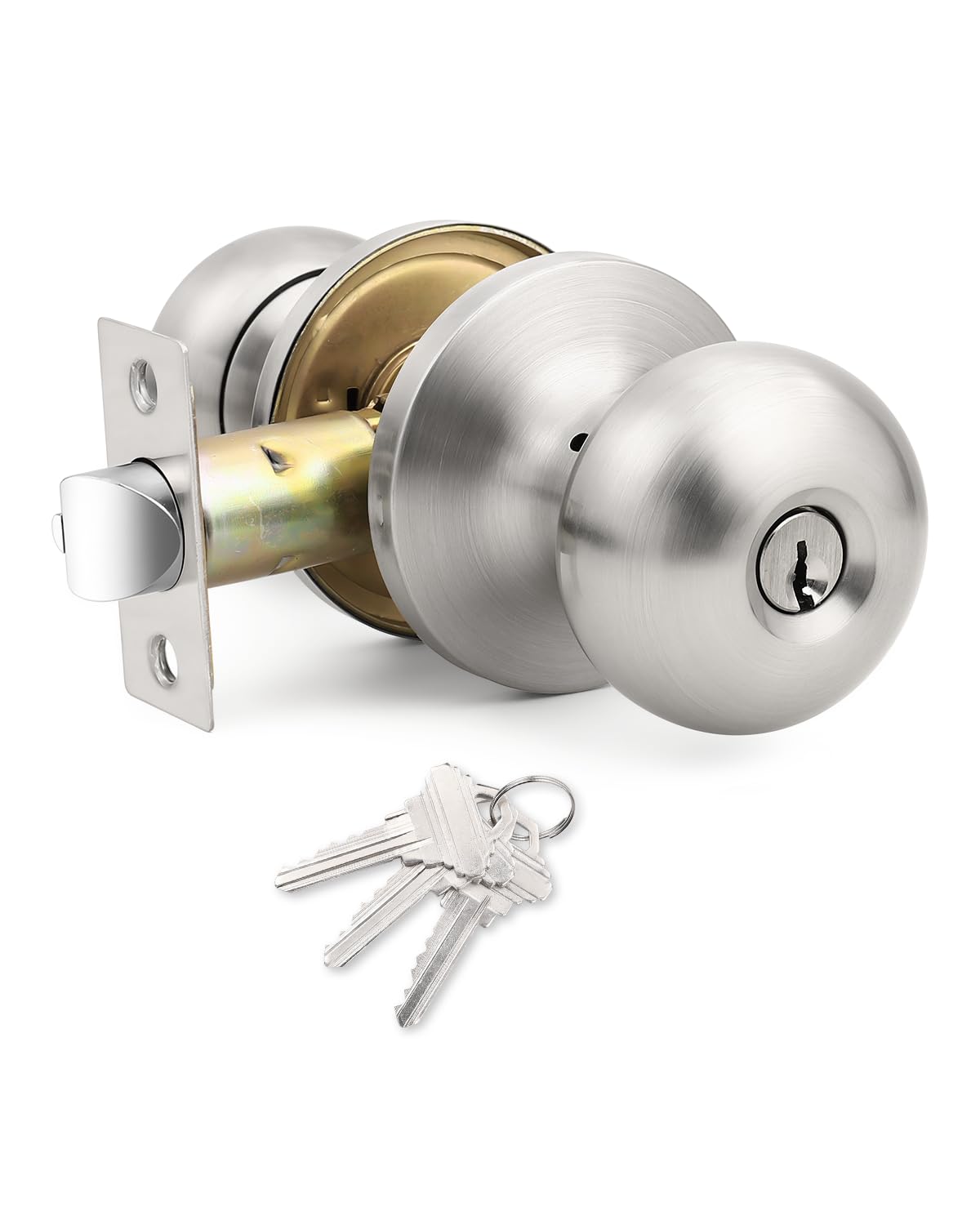 GOBEKOR 1 Pack Brushed Nickel Door Knob with Lock and Keys, Keyed Alike Reversible Entry Door Lock for Left or Right Hand Doors, Ideal for Front/Entrance Door - 1