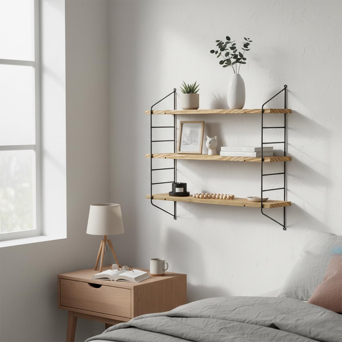 unho Étagère murale flottante, 3 niveaux réglables en bois de pin avec support en métal, 58 × 15 × 54,5 cm