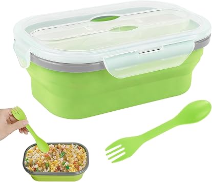 Lunch Box, 1000ml Bento Lunch Box for Adults and Kids, Stackable Packed Lunch Boxes, Collapsible Food Storage Containers with Cutlery Microwave Safe Green