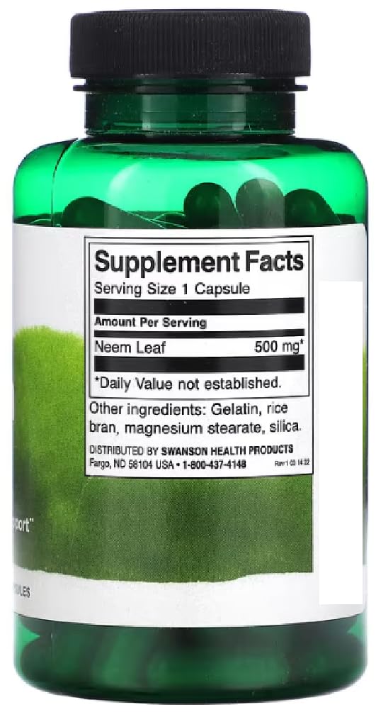 Swanson - Foglia di Neem, 500mg | Salute immunitaria e della pelle - 100 Capsule
