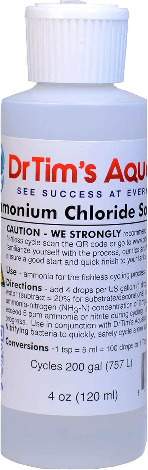 DrTim’s Aquatics Ammonium Chloride Solution – 4 oz – for Fishless Cycling in Freshwater & Saltwater Aquariums – Treats 200 Gallons