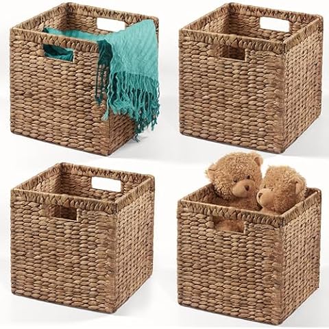 BLUEWEST Wicker Storage Baskets Pack 4, Woven Baskets for Storage, Woven Hyacinth Storage Baskets, Laundry Water Hyacinth Basket for Organizing with Carrying Handles, Rattan Baskets for Shelves Cover