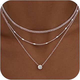 WomenGifts Layered Rose Gold Necklaces for Women: 3-Piece Cuban Choker, Dot Chain & CZ Circle Pendant Set, Adjustable Non-Tarnish Stackable Jewelry Gift