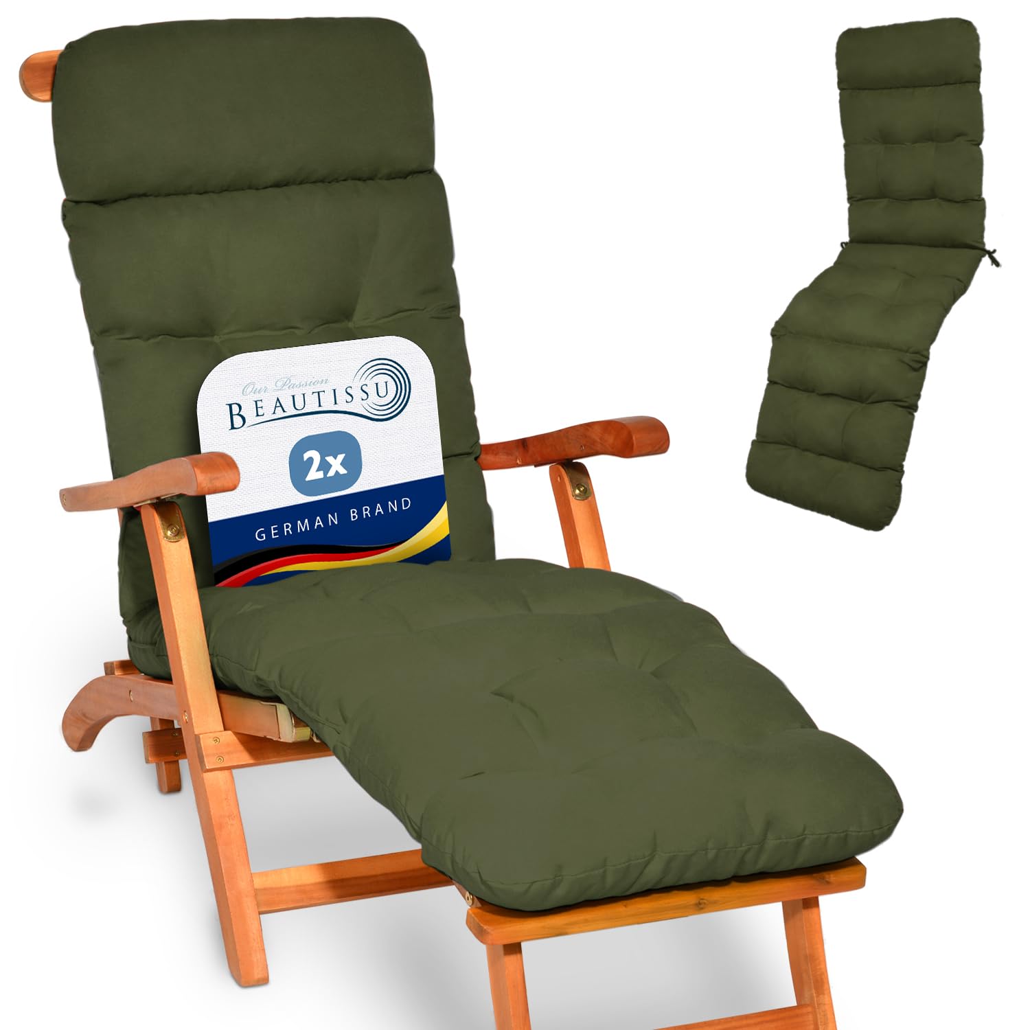 Beautissu 2x Deck Chair Sun Lounger Cushion 200x50x8cm Flair DC – Outdoor Garden Recliner Sunbed Steamer Chair Cushions for Patio Garden Terrace Balcony Olive Green
