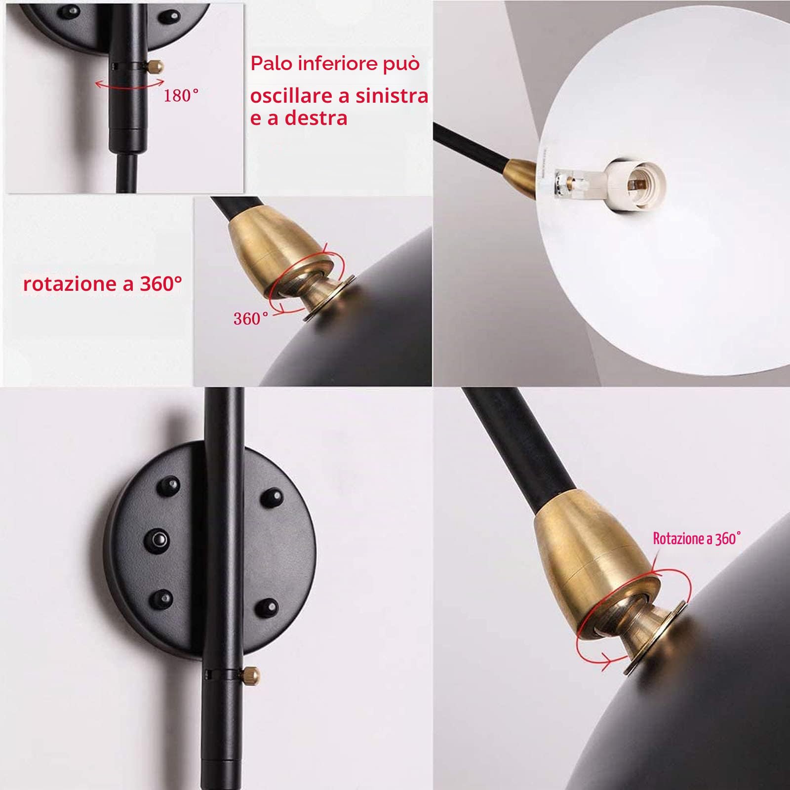 Creativo Molte Direzioni Lampada da Parete/muro Orientabile Industriale Braccio Lungo Orientabile 2 Fiamme Applique da Parete E27 Metallo Nero Comodino Lampada da Lettura con Interruttore