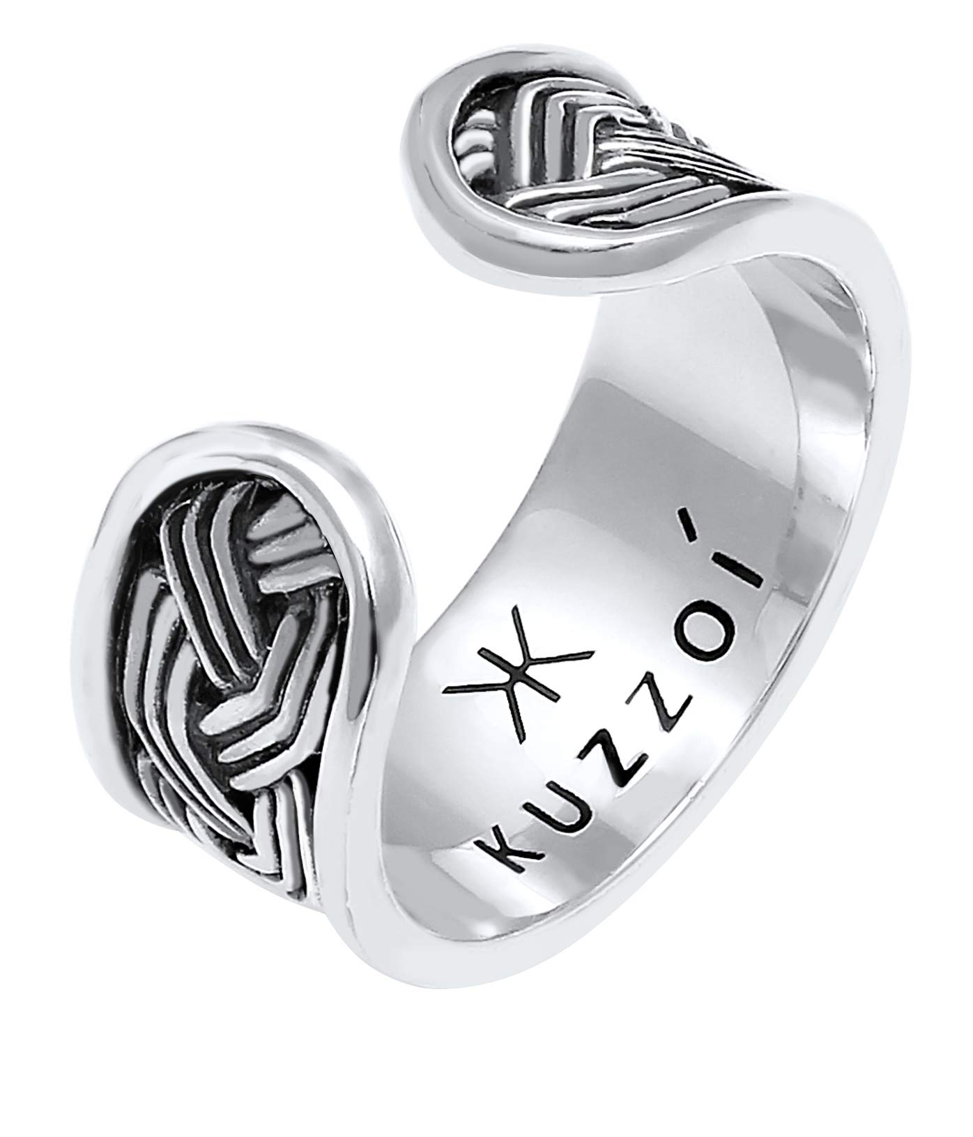 Kuzzoi Anello da uomo (10 mm) aperto, regolabile, anello massiccio da uomo in argento Sterling 925 dall'aspetto vintage, anello a fascia con ornamento in rilievo, superficie ossidata