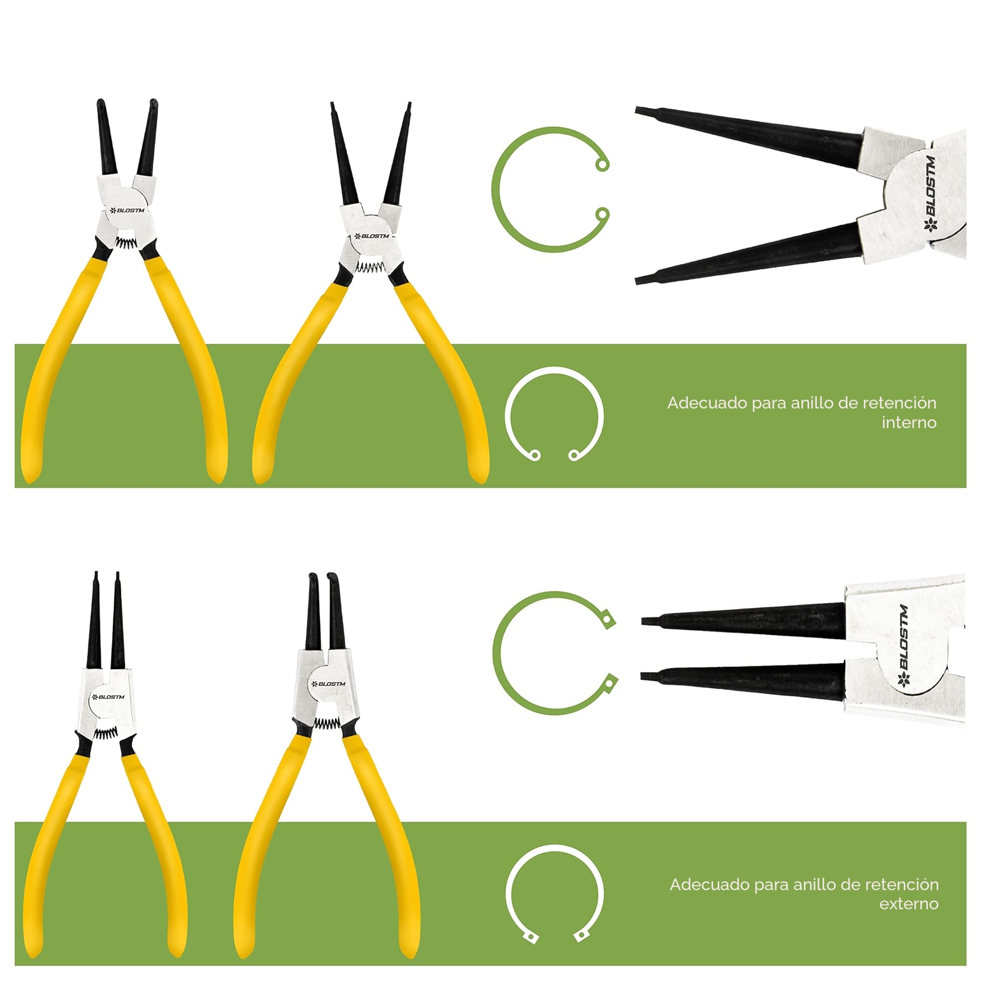 BLOSTM Juego de 4 Alicates Circlip - Alicates para Anillos de Retencion - Circlips Internos y Externos de 7" - Con Resortes Duraderos, Mangos Antideslizantes y Estuche de Almacenamiento (4 Piezas)