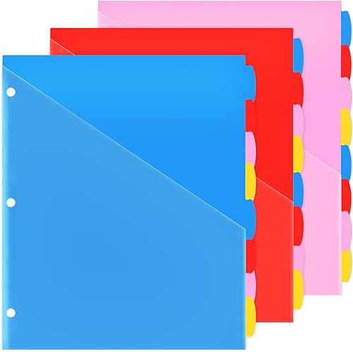 WOT I Divisores de plástico de 8 pestañas con bolsillos frontales, 3 juegos, separadores multicolor con bolsillos para carpetas, 24 separadores de