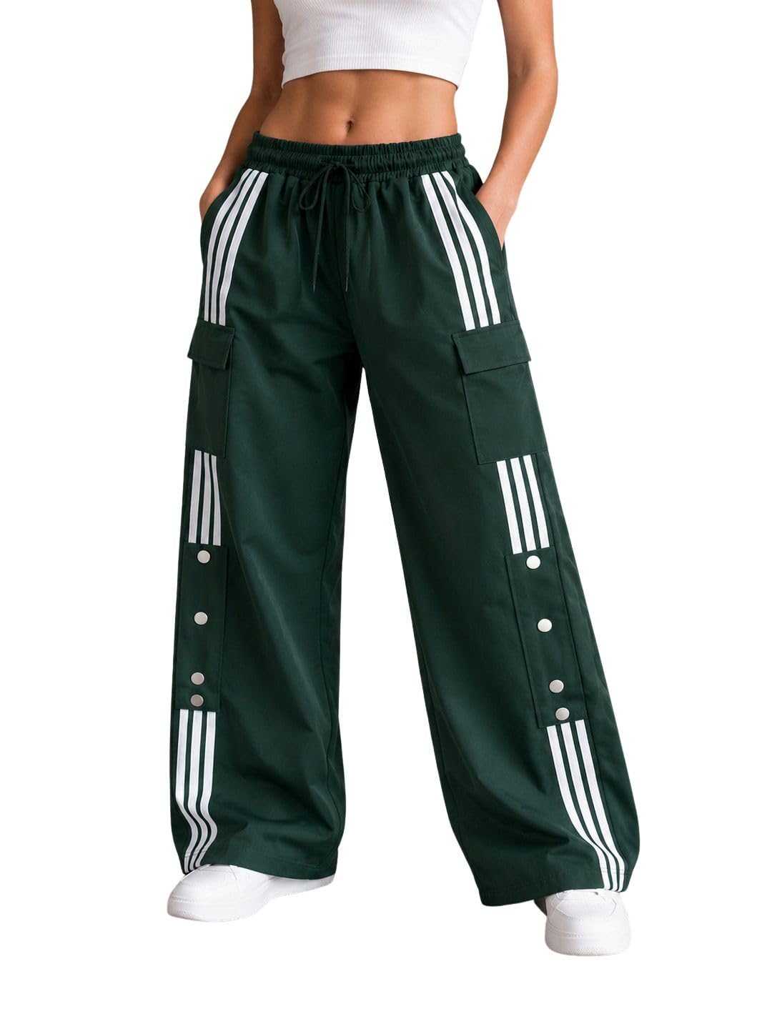 Women’s Olive Green Wide Leg Cargo Track Pants Stylish Streetwear Casual Striped Trousers-image-48