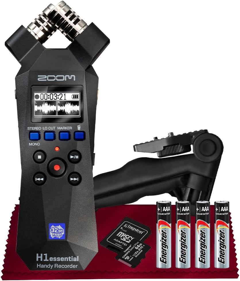 Zoom H1essential Stereo Handy Recorder – H1 Essential (H1E) Portable Audio Recorder, 32 Bit Float, USB & X/Y Microphone, 64GB SD, Tripod + AAA Batteries Ideal for Musicians, Vloggers, Filmmakers
