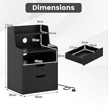 COSTWAY LED Bedside Table with Charging Station, Smart Nightstand End Sofa Side Table with RGB Light Color, 2 Drawers & Storage Shelves, Bedside Cabinet Chest for Living Room Bedroom (2, Black)