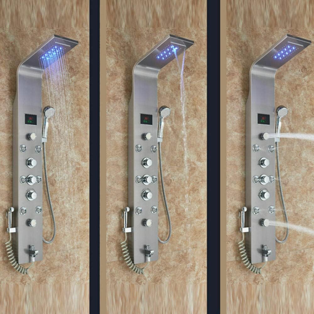 LED Rain Shower Panel Tower System Rainfall Waterfall Massage Body Jets Kit Faucet-Brushed Nickel B