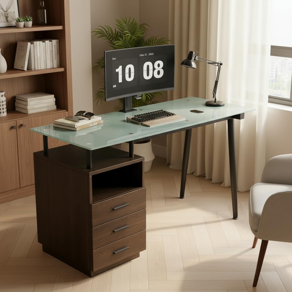 Moderno escritorio marrón 130 x 50 x 75 cm con placa de cristal, estructura tubular de acero, tres cajones y compartimento abierto, cristal esmerilado templado, asas negras