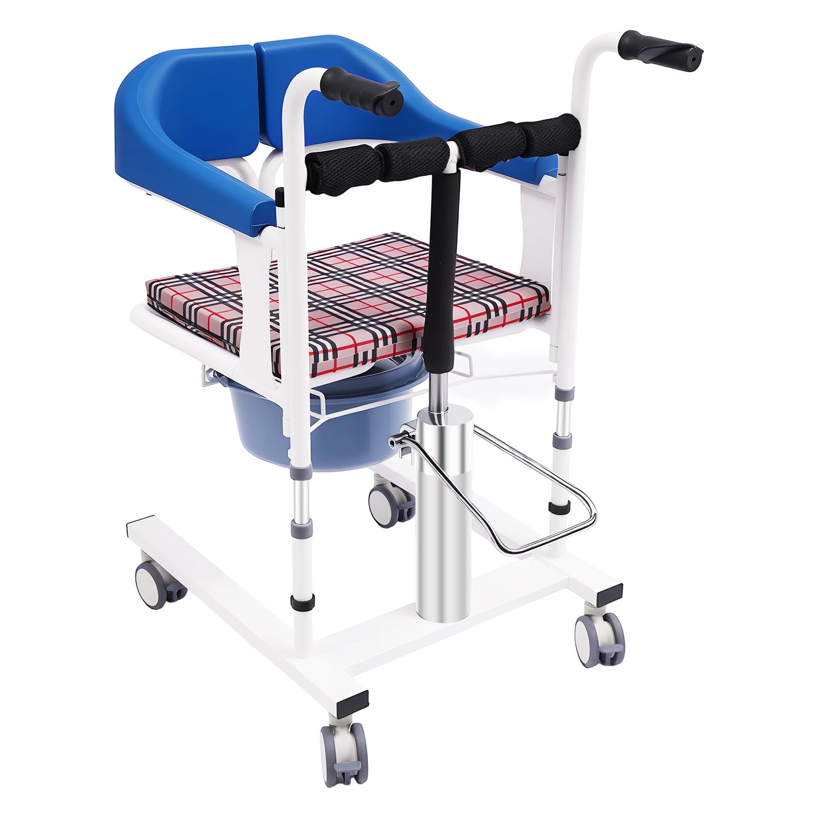 Silla de transferencia para personas mayores con orinal portátil, silla de traslado, asiento dividido de 180°, altura regulable hasta 90 kg, silla de ruedas, silla de ducha, silla de inodoro