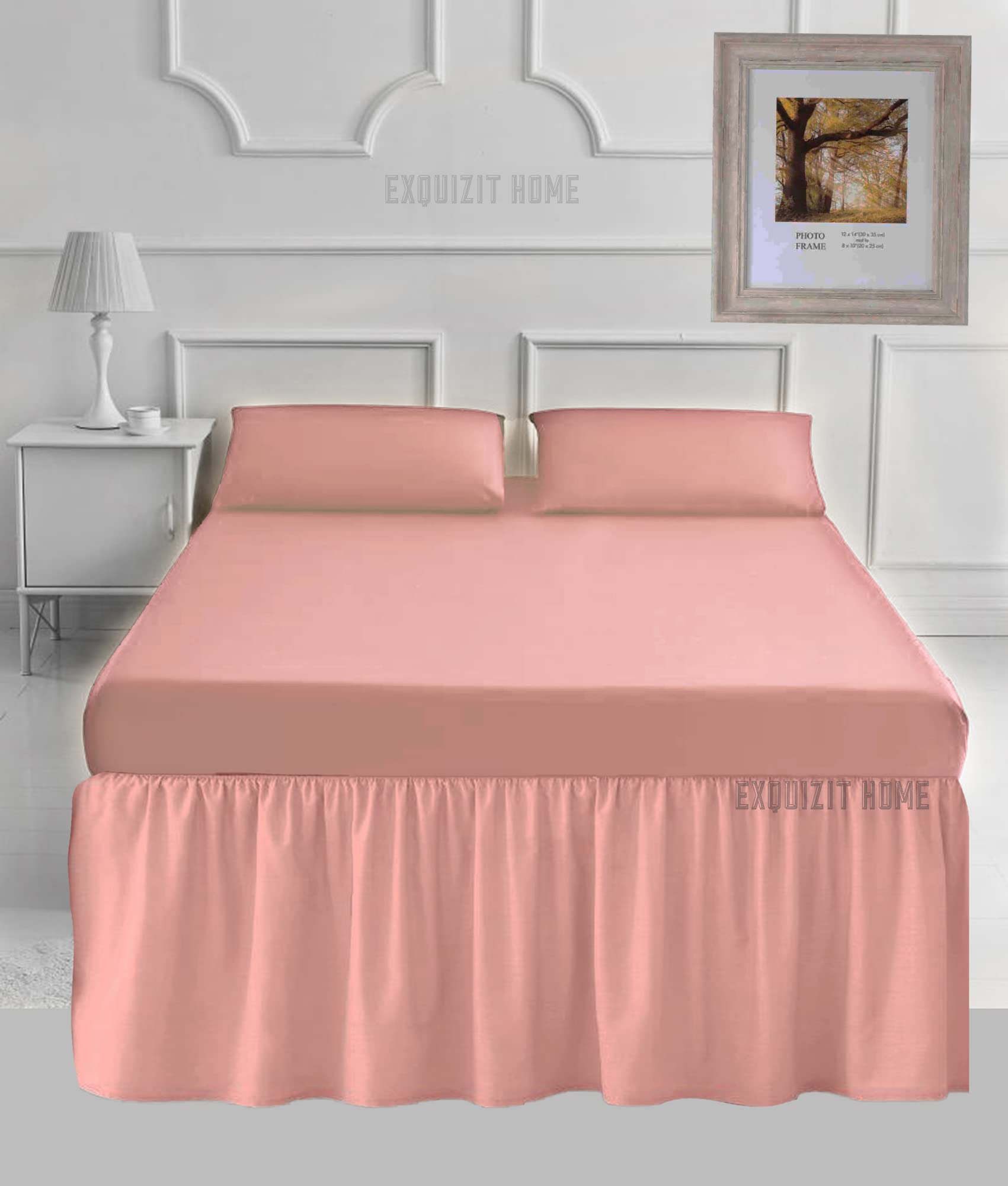 EXQUIZIT HOME® 16" Extra Deep Valance Sheet – 40cm Frilled Drop Polycotton Percale Base Valance, Plain Dyed Easy Care Bed Skirt (Double, Peach)