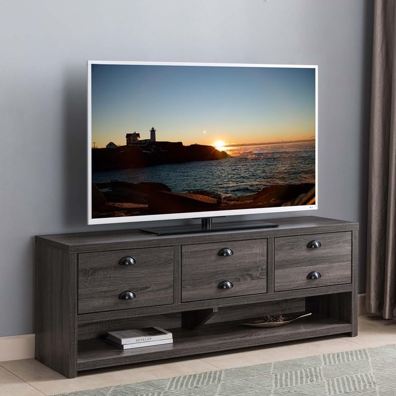 PONNYC Soporte de TV industrial para televisores de hasta 65 pulgadas, mesa consola central de entretenimiento multimedia con 3 cajones y estante