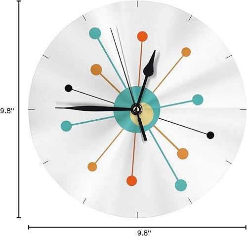 Miniatura 7 de Reloj de pared redondo sin tictac, silencioso a pilas, 10 pulgadas, color naranja, turquesa, Edad atómica, Starburst, decoración del hogar de