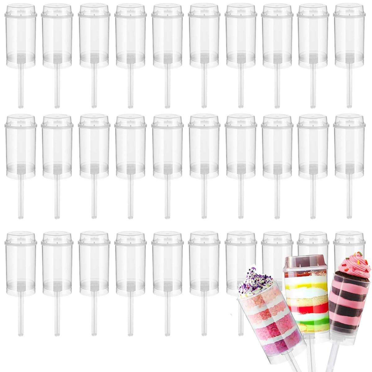 YIN AISIKE 40 Pack Cake Push Pop Containers, Cake Pop Shooter, Clear Round Shape Push-Up Shooter, Plastic Containers with Lids, Base & Stick
